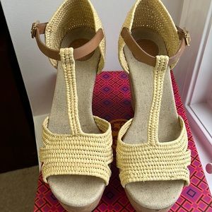 Tory Burch T Strap Straw Wedges